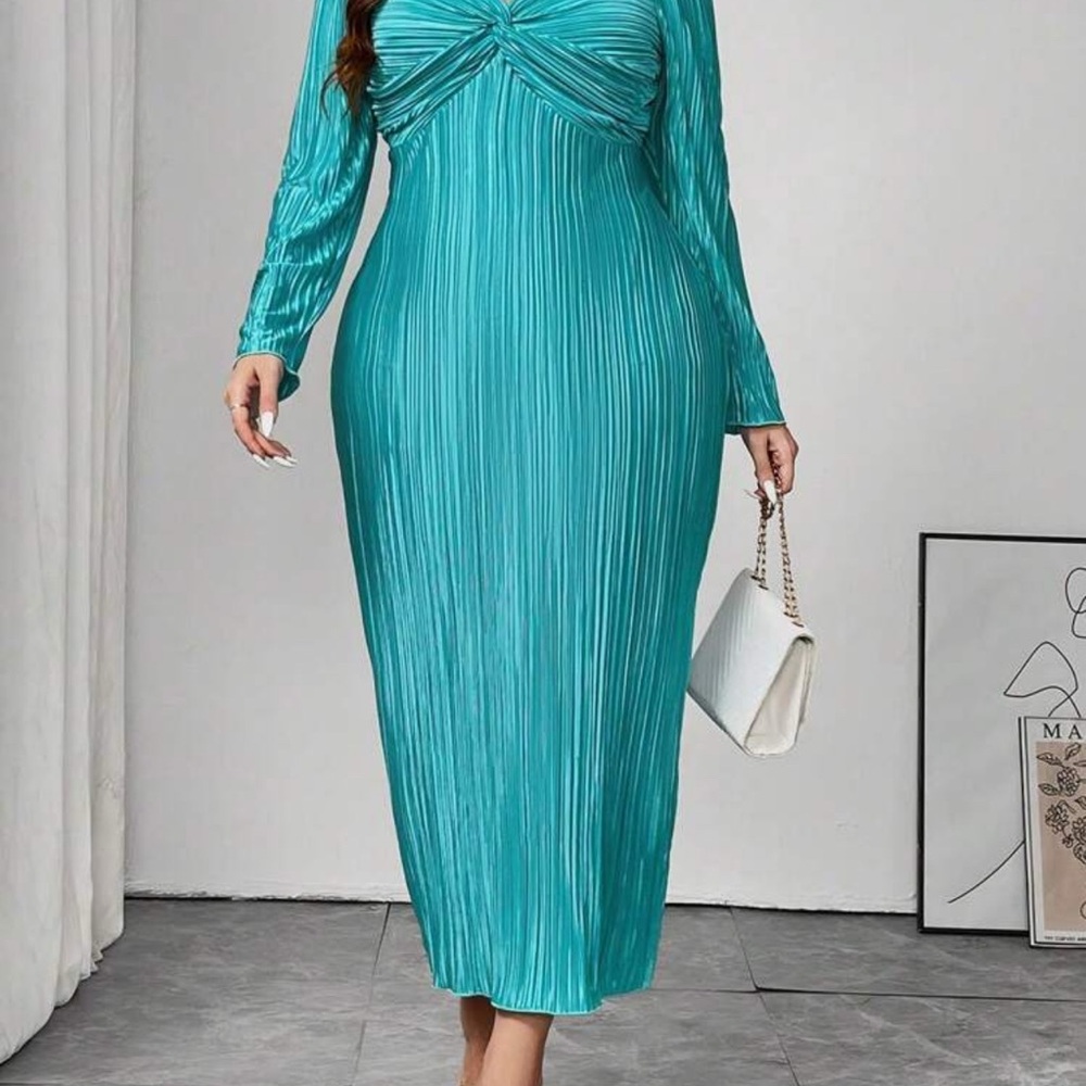 Turquoise Long-Sleeve Twist-Front Pleated Maxi Dress